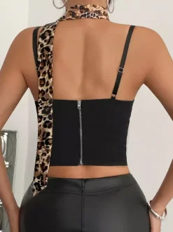 Corset Tops Leopard Print Black Chic Sleeveless Straps Neck Leopard Print Zipper Bustier