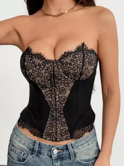 Corset Tops Tops Black Sexy Sleeveless Strapless Slim Fit Lace Tops