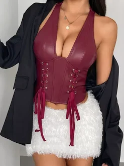 Corset Tops Tops Burgundy Sexy Sleeveless Slim Fit Drawstring PU Zipper