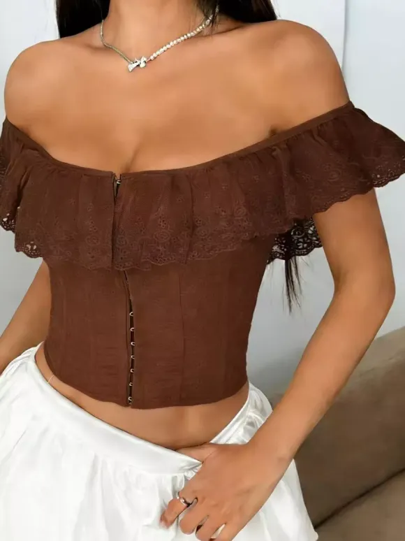 Corset Tops Tops Light Sky Blue Chic Sleeveless Off-The-Shoulder Open Shoulder Slim Fit Ruffles Lace-up