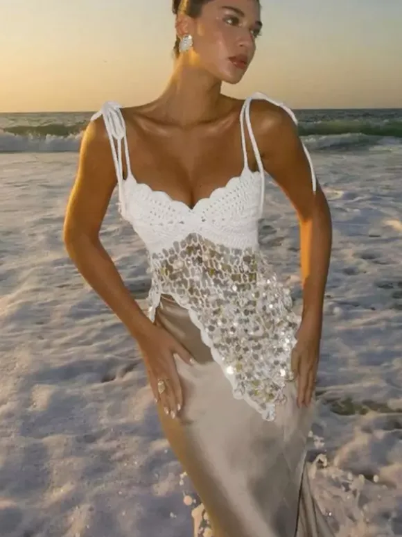 Corset Tops White Athletic Sleeveless Straps Neck Shaping Fishnet Sequins Tops