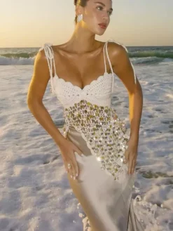 Corset Tops White Athletic Sleeveless Straps Neck Shaping Fishnet Sequins Tops