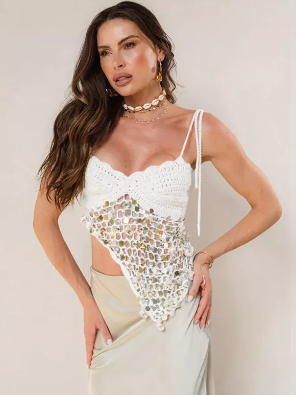 Corset Tops White Athletic Sleeveless Straps Neck Shaping Fishnet Sequins Tops