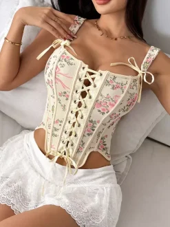Corset Tops White Chic Sleeveless Straps Neck Slim Fit Bows Tops
