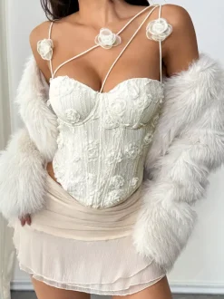 Corset Tops White Sexy Sleeveless Straps Neck Slim Fit Flowers Tops