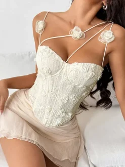 Corset Tops White Sexy Sleeveless Straps Neck Slim Fit Flowers Tops
