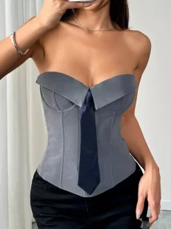 Corset Tops White Sexy Sleeveless Gray Strapless Blazer-Style With Striped Tie
