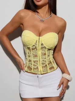 Corset Tops Yellow Chic Strapless Slim Fit Lace Up Embroidered Tops