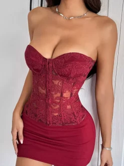 Corset Tops Yellow Chic Strapless Slim Fit Lace Up Embroidered Tops