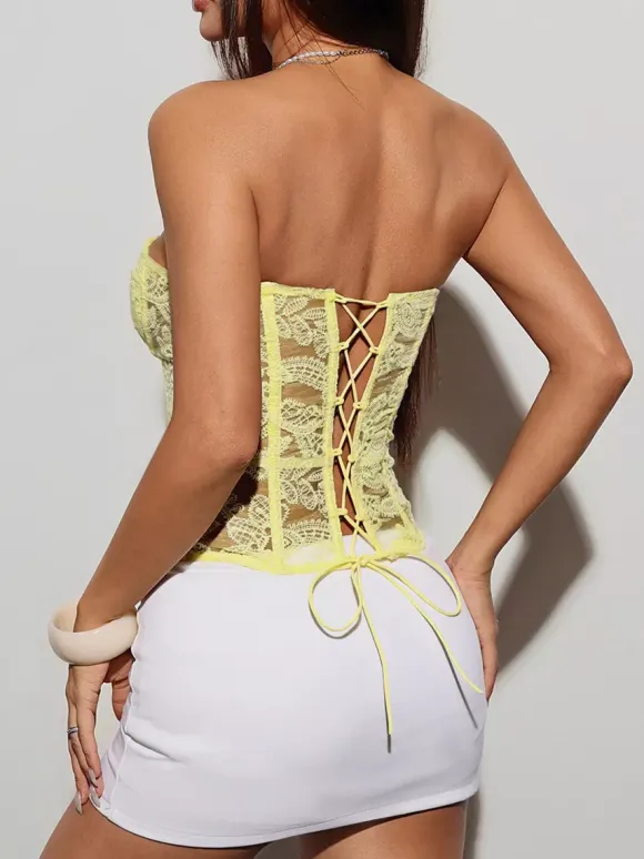 Corset Tops Yellow Chic Strapless Slim Fit Lace Up Embroidered Tops