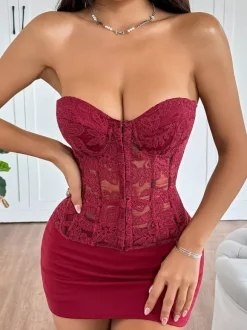 Corset Tops Yellow Chic Strapless Slim Fit Lace Up Embroidered Tops