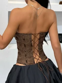 Corset Tops Yellow Chic Strapless Slim Fit Lace Up Embroidered Tops