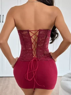 Corset Tops Yellow Chic Strapless Slim Fit Lace Up Embroidered Tops