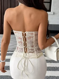 Corset Tops Yellow Chic Strapless Slim Fit Lace Up Embroidered Tops