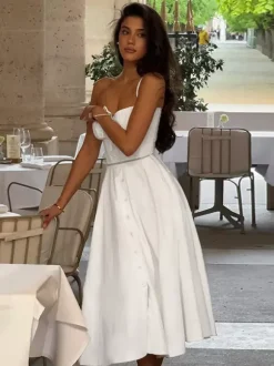 Cottagecore Midi Dress For Women - White Elegant Tie Front Sundress - Summer Garden Wedding Guest Wear 2026