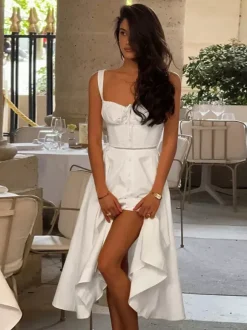 Cottagecore Midi Dress For Women - White Elegant Tie Front Sundress - Summer Garden Wedding Guest Wear 2026