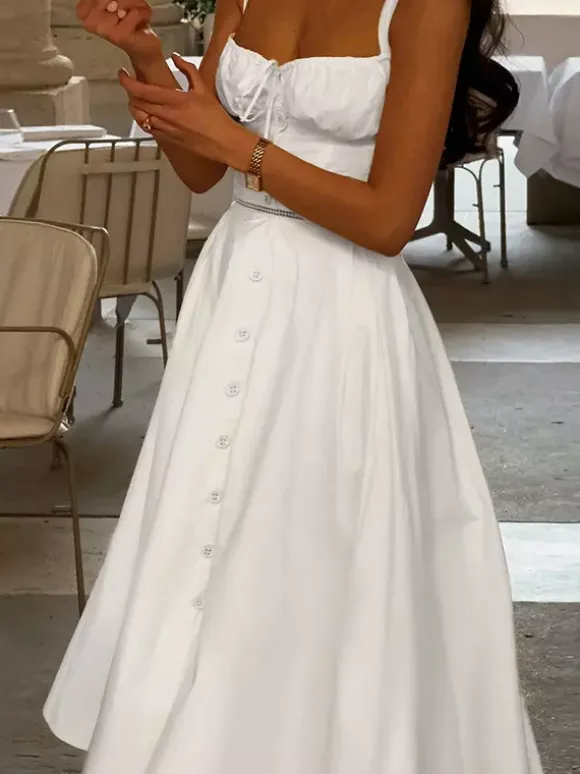 Cottagecore Midi Dress For Women - White Elegant Tie Front Sundress - Summer Garden Wedding Guest Wear 2026