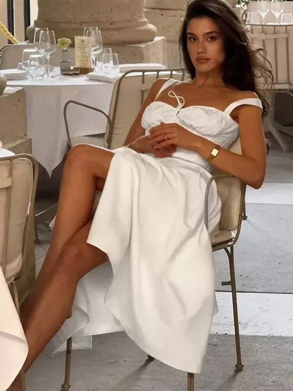 Cottagecore Midi Dress For Women - White Elegant Tie Front Sundress - Summer Garden Wedding Guest Wear 2026