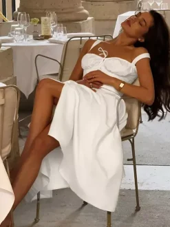 Cottagecore Midi Dress For Women - White Elegant Tie Front Sundress - Summer Garden Wedding Guest Wear 2026