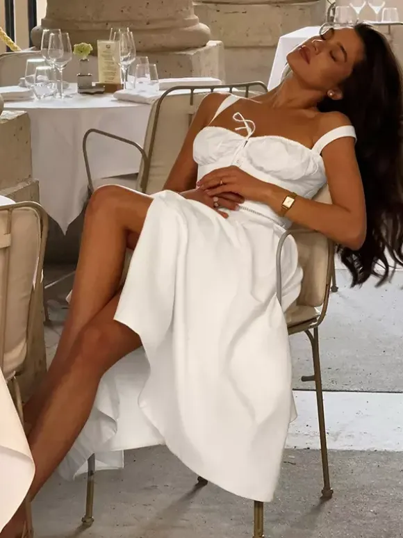 Cottagecore Midi Dress For Women - White Elegant Tie Front Sundress - Summer Garden Wedding Guest Wear 2026