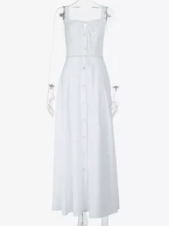 Cottagecore Midi Dress For Women - White Elegant Tie Front Sundress - Summer Garden Wedding Guest Wear 2026