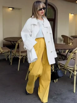 Cotton Blend Women's Trench Jacket - Minimalist Double Breasted Wide Sleeve Oversized Fit - Spring Casual Streetwear 2026