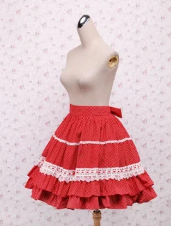 Cotton Red Lace Ruffles Bow Lolita Skirt