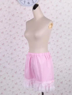 Cotton Pink Lolita Bloomers Shirring Lace Trim