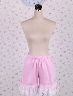 Cotton Pink Lolita Bloomers Shirring Lace Trim