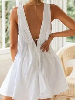 Cotton Sleeveless Babydoll Dress for Women - Boho V Neck Backless A-line Mini Sun Dress - Summer Beach Vacation 2026