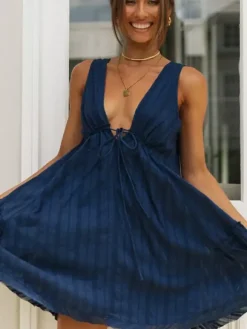 Cotton Sleeveless Babydoll Dress for Women - Boho V Neck Backless A-line Mini Sun Dress - Summer Beach Vacation 2026