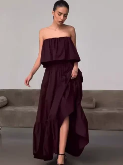 100% Cotton Strapless Women's Maxi Dress In Earth Tones - Sexy Tube Top Ruffle Sundress - Boho Beach Vacation Long Dress 2026