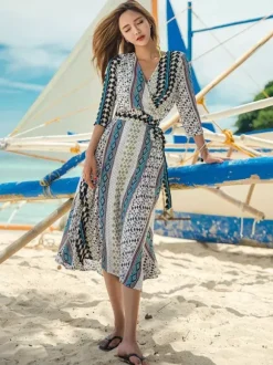 Cover Ups Belted Shaping Sash 3/4 Length Sleeves Patchwork V-Neck Sexy Cyan Blue Summer Beach Swimwear