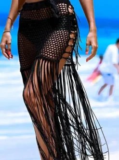 Cover Ups For Women Black Fringe Stretch Acrylic Summer Sexy Bathing Suits