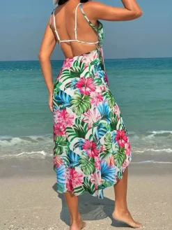 Cover Ups For Women Green Floral Print Summer Sexy Swimming Suits