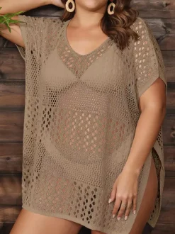 Cover Ups For Women Khaki Knitted Short Sleeves Summer Sexy Bathing Suits