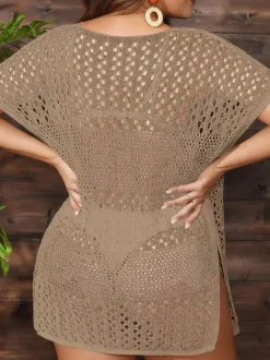Cover Ups For Women Khaki Knitted Short Sleeves Summer Sexy Bathing Suits