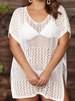 Cover Ups For Women Khaki Knitted Short Sleeves Summer Sexy Bathing Suits