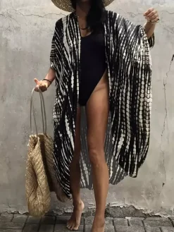 Cover Ups Maxi Oversized Ruffled Sash Long Sleeves Tie Dye Batwing Sleeves Casual Green Summer Beach Swimwear