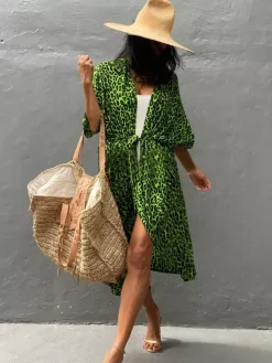 Cover Ups Maxi Oversized Ruffled Sash Long Sleeves Tie Dye Batwing Sleeves Casual Green Summer Beach Swimwear