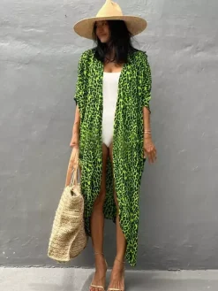 Cover Ups Maxi Oversized Ruffled Sash Long Sleeves Tie Dye Batwing Sleeves Casual Green Summer Beach Swimwear
