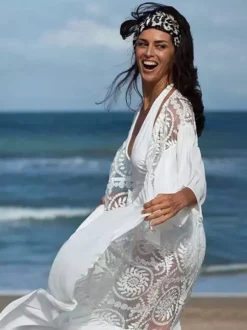Cover Ups Oversized Cut Out Lace Long Sleeves Athletic White Summer Beach Swimwear