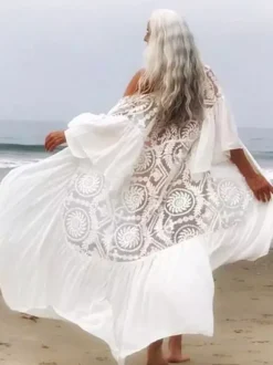 Cover Ups Oversized Cut Out Lace Long Sleeves Athletic White Summer Beach Swimwear