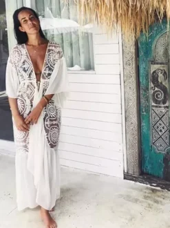 Cover Ups Oversized Cut Out Lace Long Sleeves Athletic White Summer Beach Swimwear