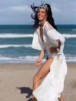 Cover Ups Oversized Cut Out Lace Long Sleeves Athletic White Summer Beach Swimwear