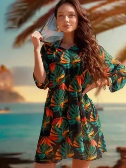 Cover Ups Yellow Geometric Long Sleeves Nets Short Dress Summer Beach Swimwear