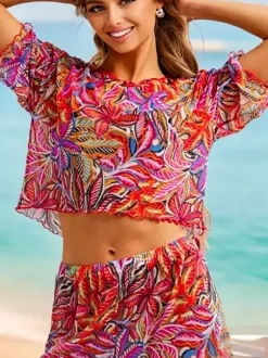 Cover Ups Yellow Geometric Long Sleeves Nets Short Dress Summer Beach Swimwear