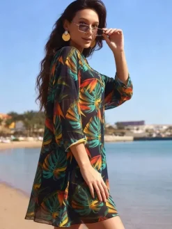 Cover Ups Yellow Geometric Long Sleeves Nets Short Dress Summer Beach Swimwear
