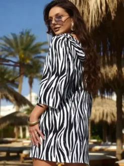 Cover Ups Yellow Geometric Long Sleeves Nets Short Dress Summer Beach Swimwear