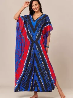 Cover Ups Beach Swimming Suits Oversized Short Sleeves V-Neck Athletic Deep Blue Cover Ups